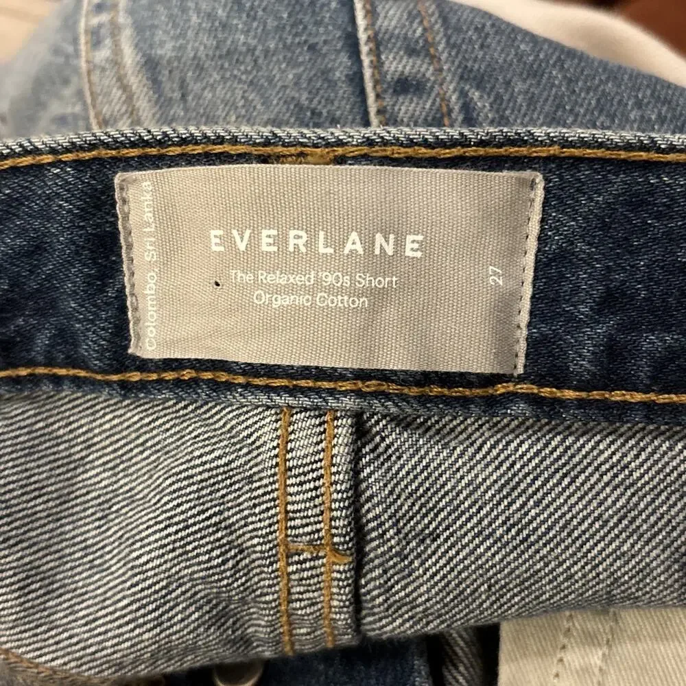 Everlane Relaxed Fit High Rise Button Fly Blue Frayed Hem Denim Shorts Size 27